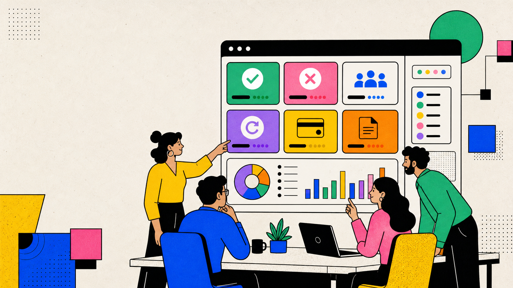 Illustration d'un dashboard Stripe consulté par des équipes métier