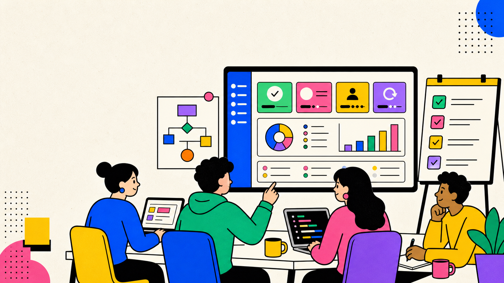 Illustration d'un atelier pratique avec dashboard et checklist